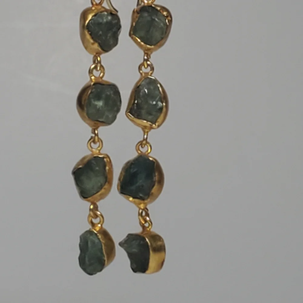 SEMIPRECIOUS Apatite Gemstone Dangle Earrings Green Stones in Gold Setting NEW - Picture 3 of 6